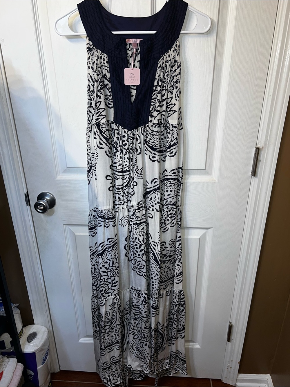 NWT Calypso St. Barth Emder Printed Silk Maxi Dress Navy White Paisley XS $425